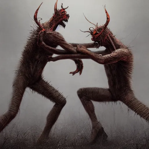 Image similar to two demons dance ballet in hell with ethernet cables wrapped around their arms, trees burning in the background,, beksinski, dariusz zawadzki, very coherent symmetrical artwork. cinematic, hyper realism, high detail, octane render, 8 k