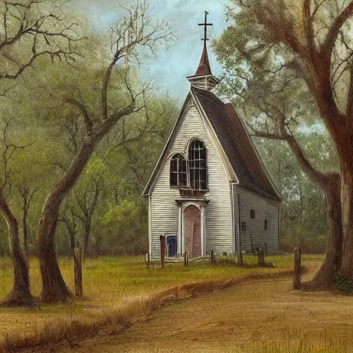 Image similar to 1 9 e century southern gothic scene, old white wooden church in bayou swamps, in louisiana, old painting style claude gellee