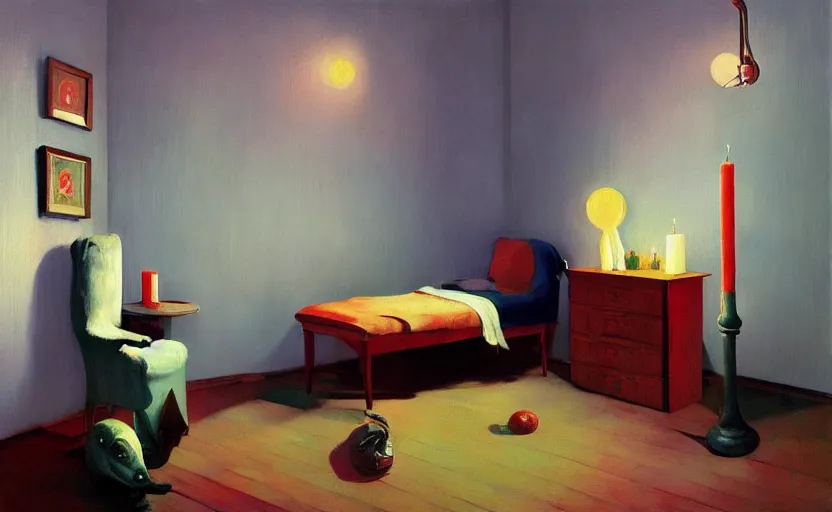Prompt: Cozy soviet room apartment with candles, very coherent, painted by Francis Bacon and Edward Hopper, Wayne Barlowe, painted by James Gilleard, surrealism, airbrush, art by JamesJean