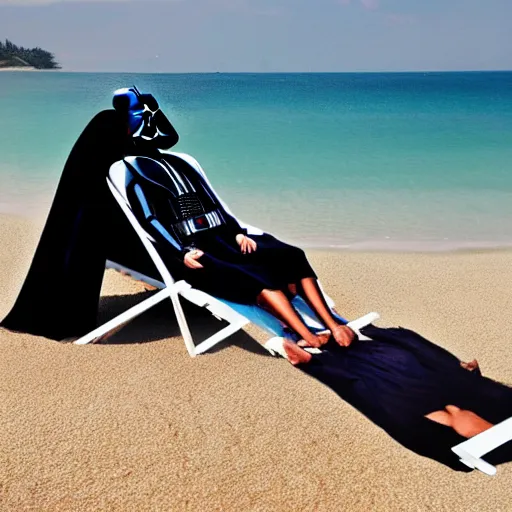 Image similar to Darth Vader sitting on a deckchair, chilling on a sandy beach