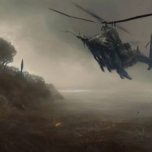 Image similar to an giant reptile creature destroying flying helicopters in a foggy storm weather, Matte painting , detailed painting, greg rutkowski