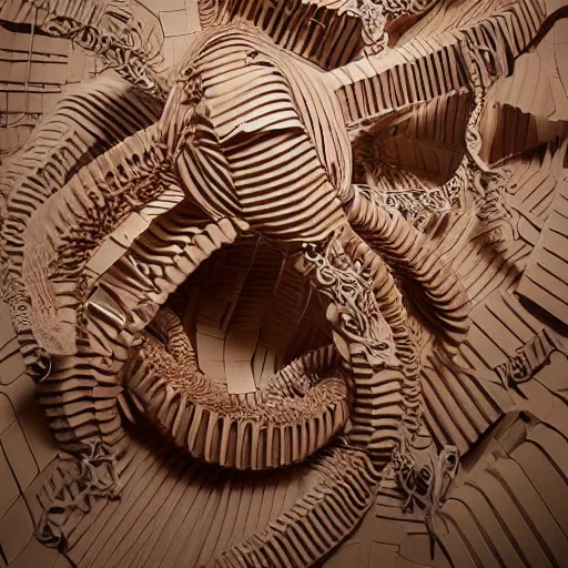 Image similar to tentacles made of brown corrugated cardboard, cut out of cardboard, realistic photography, fantasy