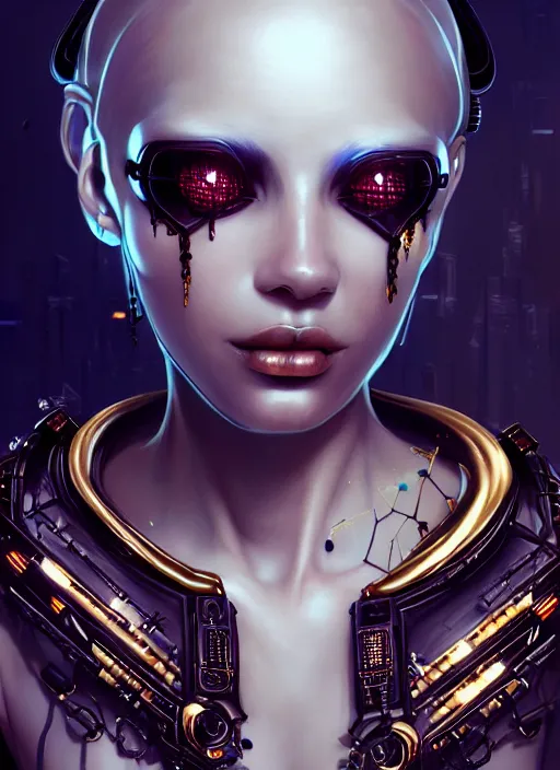 Image similar to soft lustrous ebony ivory biotech raver gutter punk gothic cyborg, golden ratio, details, scifi, fantasy, cyberpunk, intricate, decadent, highly detailed, digital painting, octane render, artstation, concept art, smooth, sharp focus, illustration, art by artgerm, loish, wlop