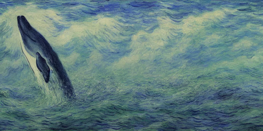 Image similar to An aesthetically pleasing, dynamic, energetic, lively, well-designed digital art of a whale, ripples, waves, sea foam, light and shadow, ocean caustics, by Claude Monet, traditional Japanese colors, superior quality, masterpiece, excellent use of negative space.