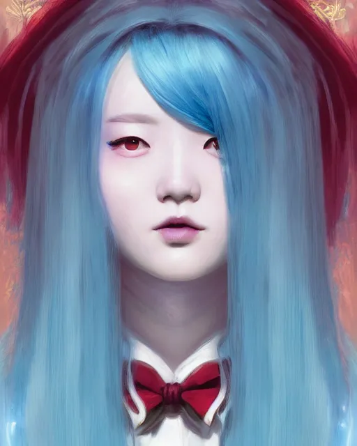 Image similar to symmetrical portrait of a pretty korean girl with blue hair dressed as alice in wonderland, digital painting, 8 k, concept art, art by wlop, artgerm, greg rutkowski and alphonse mucha