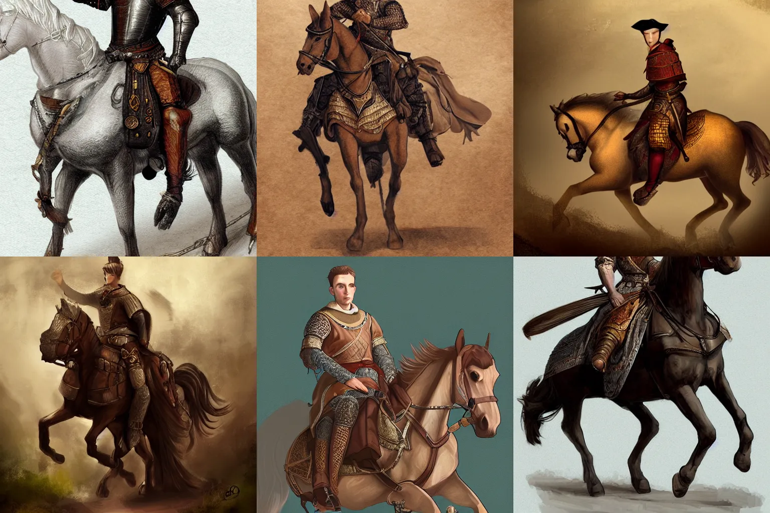 Prompt: concept art, portrait :: young man, riding a horse :: expensive medieval clothes :: high detail, digital art, fantasy, RPG