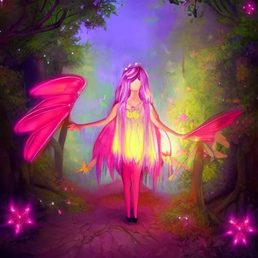 Image similar to fairy clothing store in a woodland grove, neon wings cute colorful pretty artistic girly avant garde 4 k artstation trending dramatic lighting high frequency noise