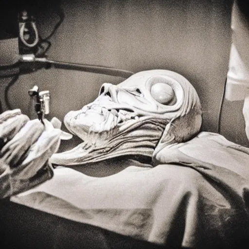 Image similar to an alien autopsy, realistic, vintage, grainy, old style photo, sepia, dark, medical lighting, masked doctors, clear alien face