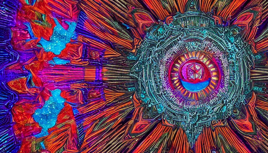 Image similar to a medicine man with a face made of ornate sacred geometry, psychedelic, iridescent 8 k