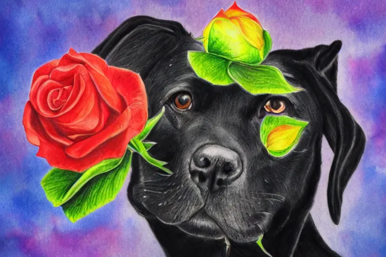 Prompt: anthro drawing of black dog with green eyes holding a rose, golden earring, watercolor, vivid colors, ocean background, sunny day, 4 k, puffy clouds, front page of art station, global illumination, chromatic abberation, very detailed