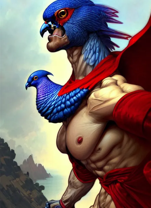 Image similar to portrait of aggressive pigeon humanoid, d & d, muscular! blue and red, fantasy, intricate, elegant, highly detailed, digital painting, artstation, concept art, smooth, sharp focus, illustration, art by artgerm and greg rutkowski and alphonse mucha