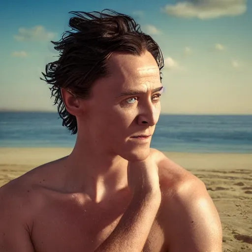 Prompt: portrait of a young loki, beach pic, depth of field, zeiss lens, detailed, symmetrical, centered, fashion photoshoot, by annie leibovitz and steve mccurry, david lazar, jimmy nelsson, breathtaking, 8 k resolution, extremely detailed, beautiful, establishing shot, artistic, hyperrealistic, beautiful face, octane render