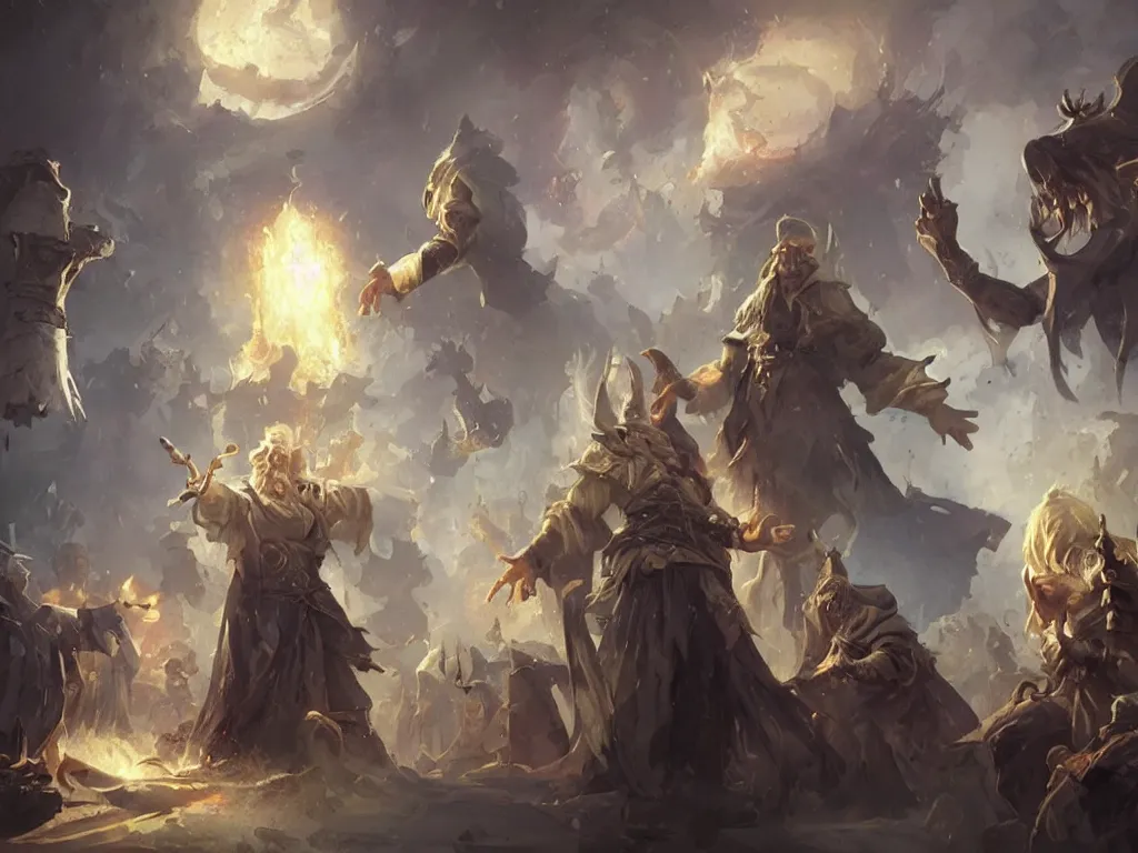 Image similar to an old wizard teaching apprentices a visual spell in the baroque era, hearthstone art style, epic fantasy style art by Craig Mullins, fantasy epic digital art, epic fantasy card game art by Greg Rutkowski