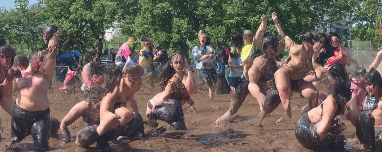 Prompt: feminists and anti - feminists engaged in an intense tactical water balloon fight and mud wrestling challenge as muscular men look on from the bleachers, in the style of marvel comics