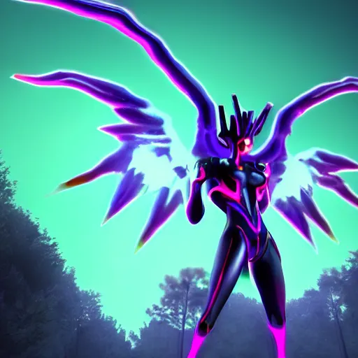 Image similar to evangelion biblical angel invaders with neon wings in a dim dark forest colorful 4 k path traced high definition detailed artstation realistic trending dramatic lighting dark and light contrast