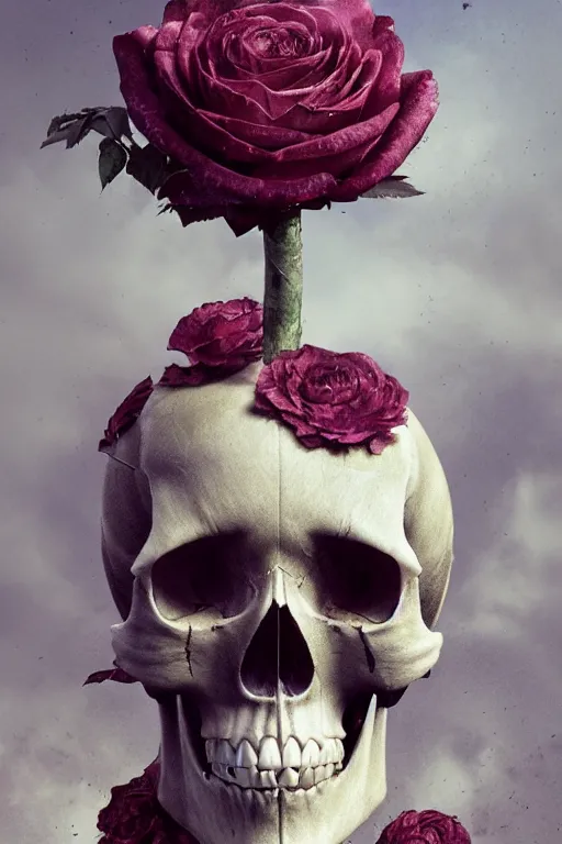 Prompt: skull, 3 d render ultra detailed, technology vs nature, split in half, falling out of the face, roccoco roses, beautiful natural soft light, unreal engine, octane render, photorealistic by michael komarck, greg rutkowski, victo ngai, artgerm, willem claesz heda and j. dickenson