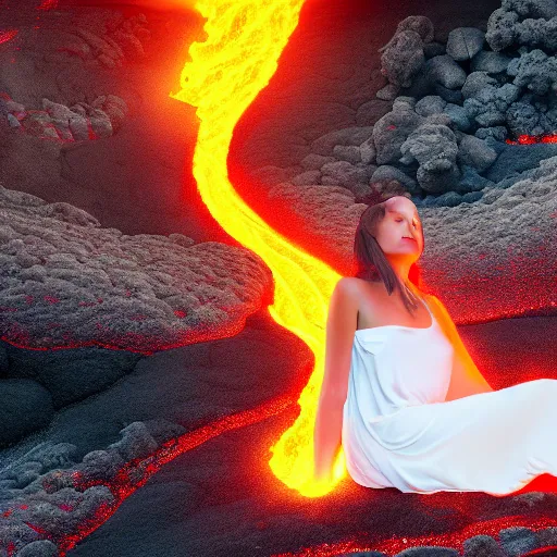 Image similar to the goddess of fire reclines in her temple, lava, volcano, photomanipulation, beautiful, 8k, moody, atmpspheric, ethereal, otherworldly, dramatic