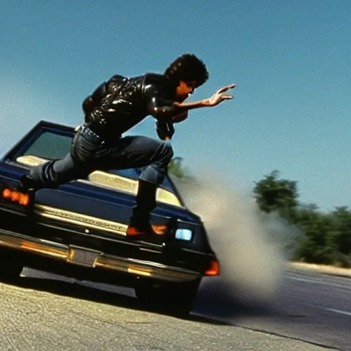 Image similar to movie still of the knight rider jumping over a truck