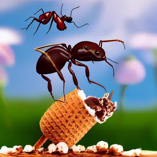 Prompt: anamorphic ant eating an ice cream cone with ants on it