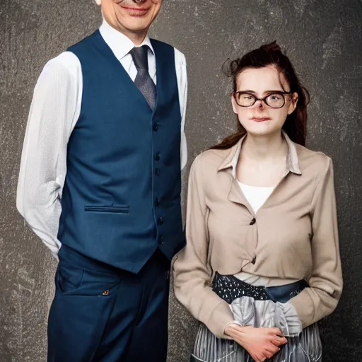 Image similar to A portrait mr bean elizabeth teams up with a teenage mr bean, perfect faces, 50 mm, award winning photography