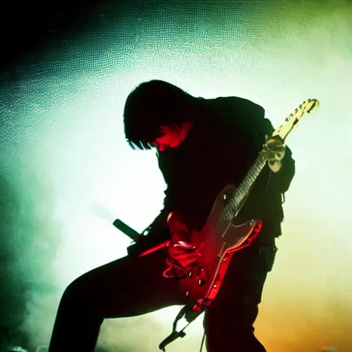 Prompt: white dusty Trent Reznor smashing a guitar on a synthesizer, dust, smoke, giant LED screens, colored projections, ultrafine detail, cybersuit, glowing thing wires, smoke, high contrast, projections, associated press photo, masterpiece