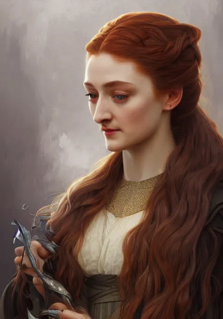 Image similar to portrait of sansa stark with long hair, intricate, elegant, highly detailed, digital painting, artstation, concept art, smooth, sharp focus, illustration, art by artgerm and greg rutkowski and alphonse mucha and william - adolphe bouguereau