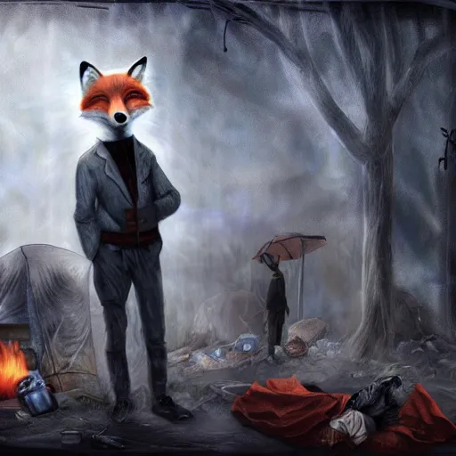 Image similar to humanoid fox detective in a homeless tent city with hobos.. dark, gothic. fine art, masterpiece digital painting, 4 k