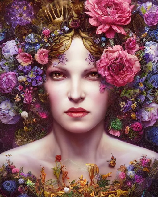 Image similar to portrait of the queen of the underworld, surrounded by flowers by karol bak, james jean, tom bagshaw, rococo, trending on artstation, cinematic lighting, hyper realism, octane render, 8 k, hyper detailed.