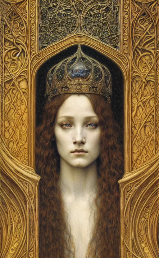 Image similar to detailed realistic beautiful young medieval queen face portrait by jean delville, gustave dore and marco mazzoni, art nouveau, symbolist, visionary, gothic, pre - raphaelite. horizontal symmetry