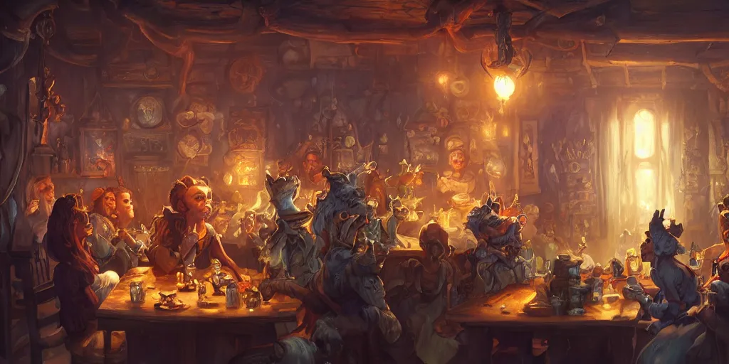 Prompt: tavern scene, cinematic, Victorian, by Tony Sart and Anato Finnstark, illustration, concept art, award winning on Artstation, deviantart