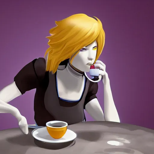 Prompt: photo of glados ( from portal ) drinking tea, realistic, sharp focus