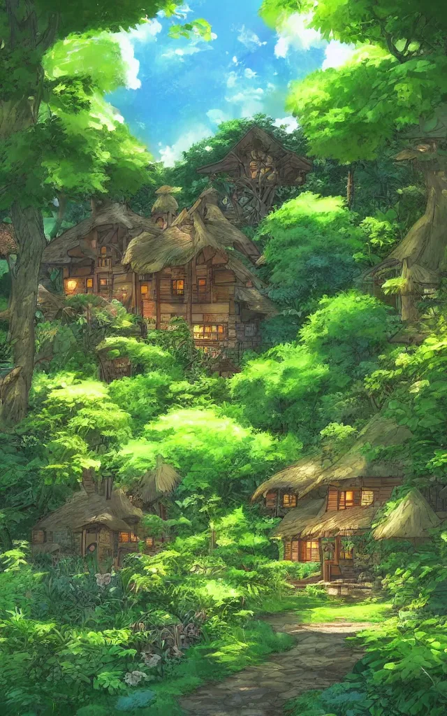 Image similar to Stunning cottage, solar, lush, forest, beautiful, by Studio Ghibli and Michael Kincade, artstation