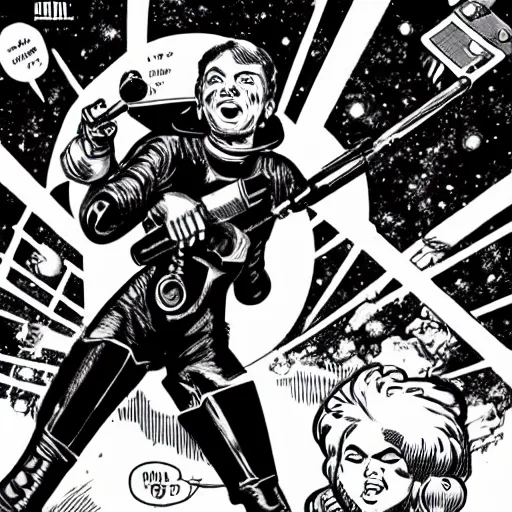 Image similar to space opera gunfight, in the style of wally wood, photorealistic