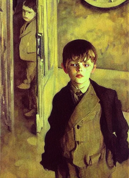 Image similar to detailed painting of a boy in a hall by Valentin Serov, Mikhail Vrubel, Nesterov, Adrian Ghenie. masterpiece. still from a movie by Terrence Malick and Tarkovsky