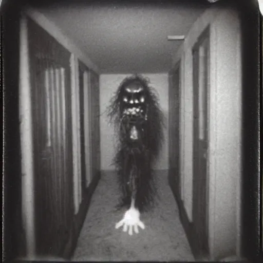 Image similar to a terrifying zombie at the end of a hallway, dark!, creepy, nightmare fuel!!!, fungus monster, horror, horrifying, unsettling, uncanny valley!, old polaroid, expired film,