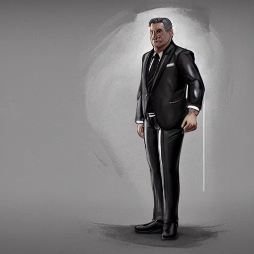 Image similar to a midage italian male, short hair with gel, overweight, fine white shirt, leather belt, suit pants, leather shoes, full body, isolated background, concept art, detailed, unreal engine