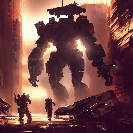 Prompt: titanfall mech standing with its human pilot, dramatic lighting, illustration by greg rutkowski, yoji shinkawa, 4 k, digital art, concept art, trending on artstation