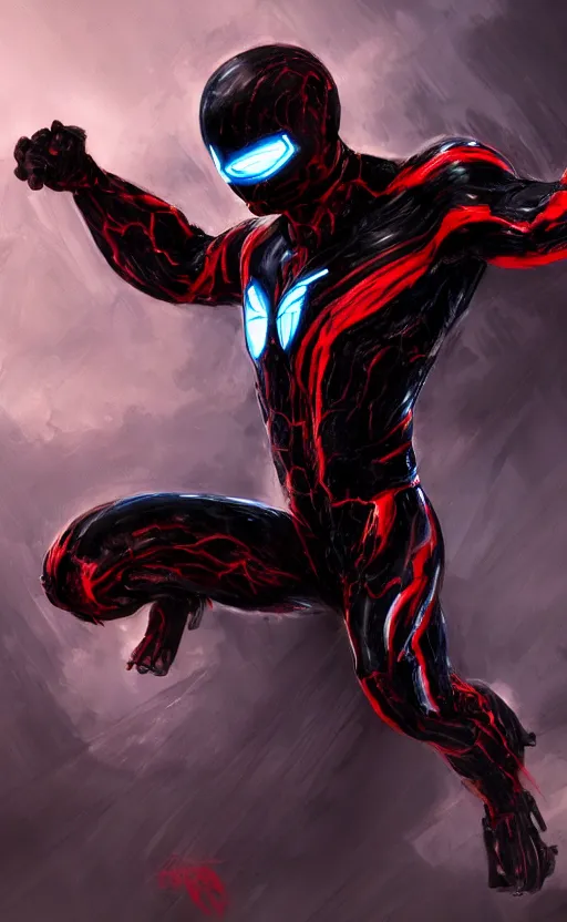 Image similar to venom in a venom inspired ironman suit, black and red, dynamic lighting, photorealistic fantasy concept art, trending on art station, stunning visuals, terrifying, creative, cinematic