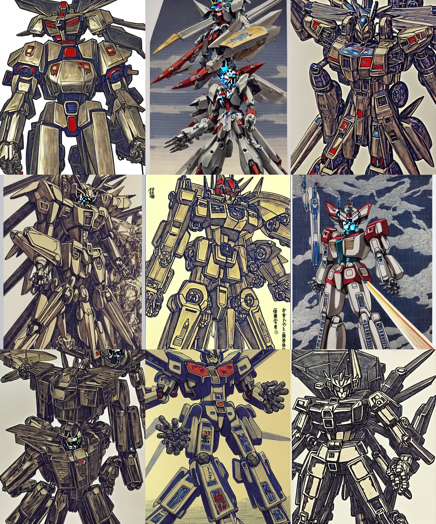 Prompt: gundam mecha robot megaman transformer victory saber, high details, masterpiece engraving by takato yamamoto, gustave dore, jean giraud