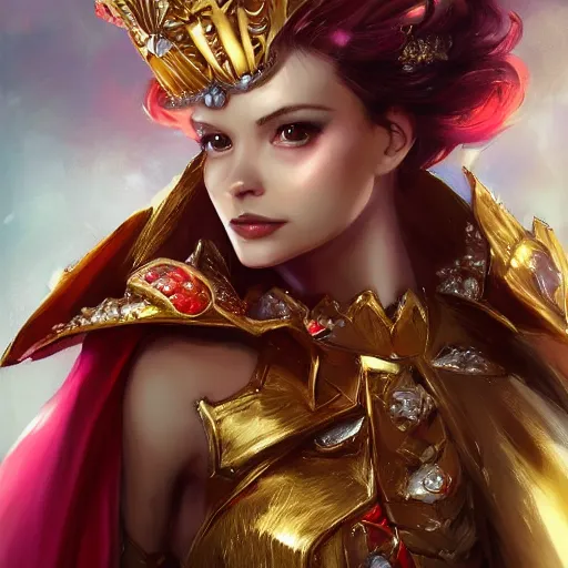 Prompt: a portrait of a beutifull women , golden armor with diamonds , bright red cape on her back , red puppils , queen crown on top of her head , fantasy, Pink short hair, beautifull smile, perfect simetrycal face proportion , artstation , by wlop , ross tran, peter xiao , dao lee