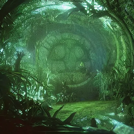 Prompt: stargate sg 1 in a densely overgrown jungle, fantasy, dreamlike sunrise volumetric lighting, ultra realistic, atmospheric, stopped in time, epic