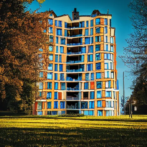 Prompt: photography of surreal apartment building on a field