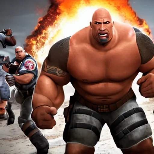 Image similar to dwayne the rock johnson as heavy in team fortress 2, movie still