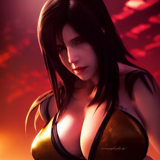 Image similar to Seductive Tifa Lockhart portrait, full frontal centred, atmospheric lighting, painted, intricate, volumetric lighting, beautiful, golden hour, sharp focus, ultra detailed, by Leesha Hannigan, Ross Tran, Thierry Doizon, Kai Carpenter,Ignacio Fernández Ríos