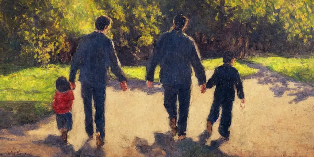 Image similar to a man with dark hair holding the hands of a young boy with dark hair as they walk down a suburban highway on a bright beautiful day. in the style of an impressionist painting.