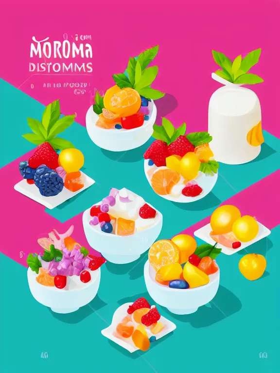 Image similar to miniature isometric diorama of yogurt with fruits, colorful