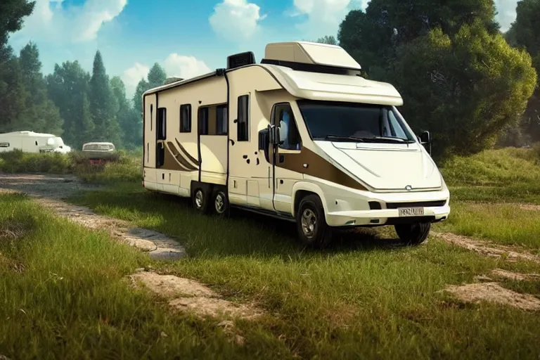 Prompt: a wholesome animation key shot of!! one!! focused! hymer motorhome! in romanian countryside, medium shot, studio ghibli, ( pixar ) and disney animation, sharp, very detailed, high resolution, rendered in unreal engine 5, anime key art by greg rutkowski, bloom, dramatic lighting