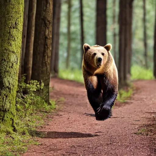 Prompt: a bear running after a person in the forest