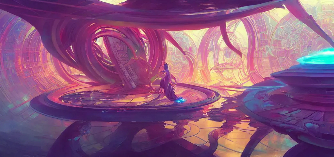 Image similar to a floating temple, channeling swirling energy, wearing netrunner clothing, vaporwave aesthetic, colorful, psychedelic, digital painting, artstation, concept art, smooth, sharp focus, illustration, art by artgerm and greg rutkowski and alphonse mucha