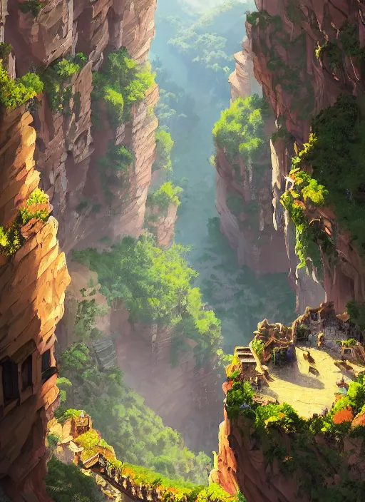 Image similar to medieval city built on terraces in a gigantic canyon, lots of buildings connected by hanging bridges, waterfalls, glow coming from amber veins in the ground, lush vegetation, pitchblack sky, extremly detailed digital painting, in the style atey ghailan and greg rutkowski, rim light, beautiful lighting, 8 k, stunning scene, raytracing, octane, trending on artstation